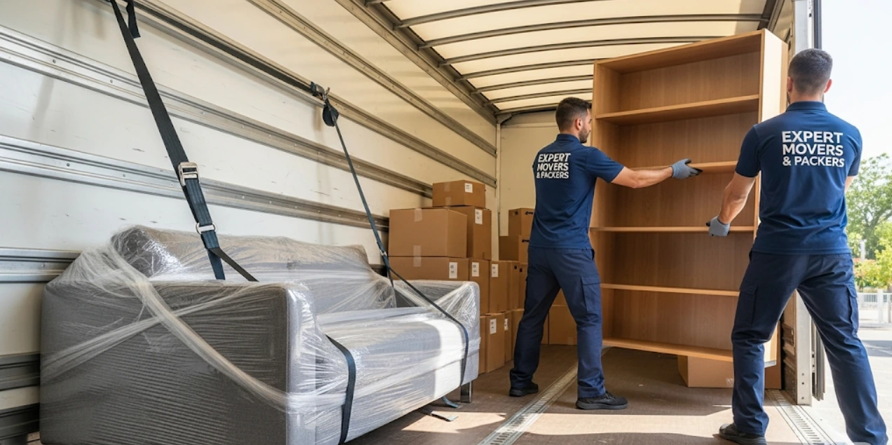 Furniture movers carrying a sofa out of a flat in Abu Dhabi