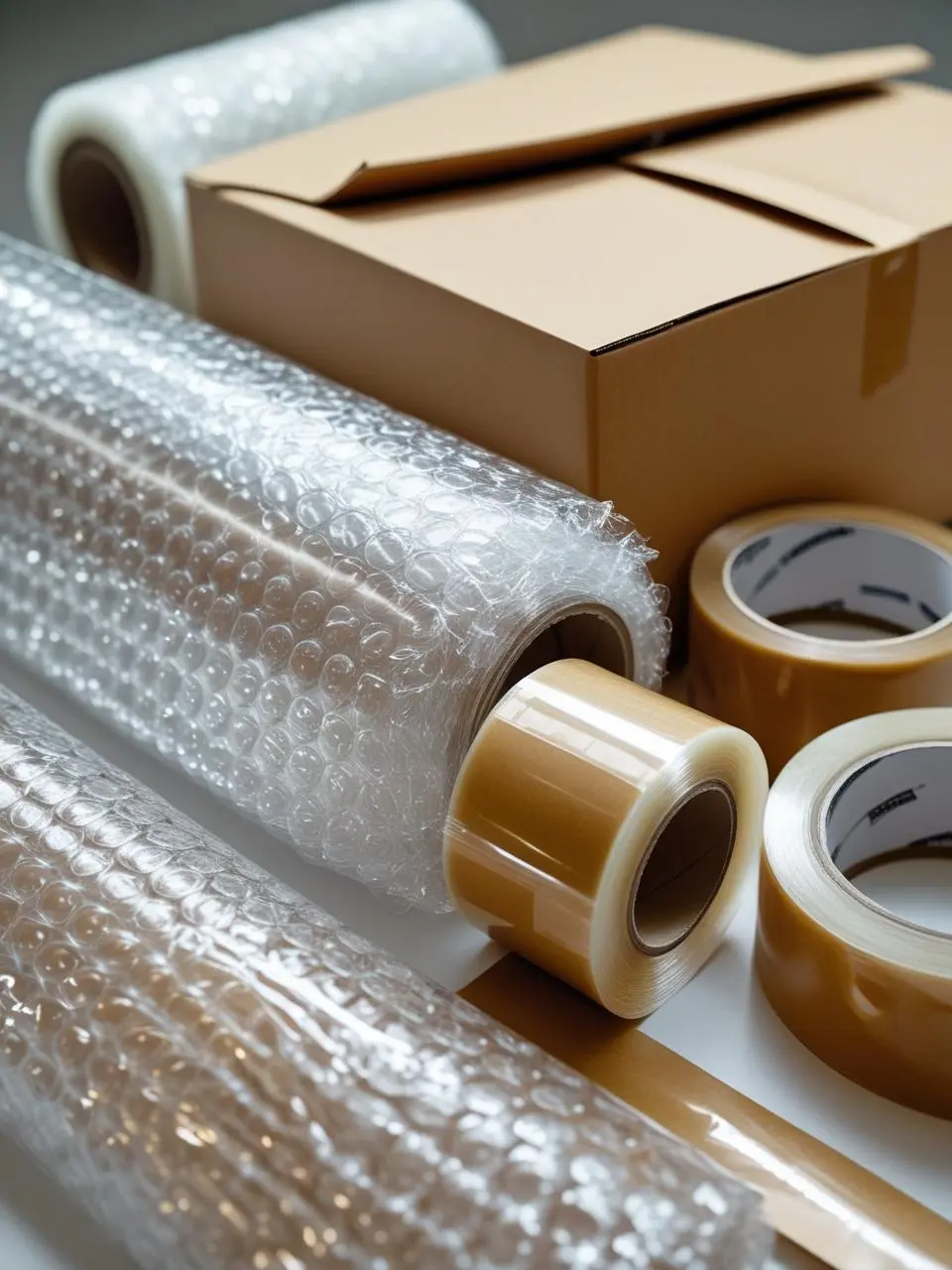 High-quality packing materials including moving boxes, bubble wrap, and tape used by Expert Movers and Packers.