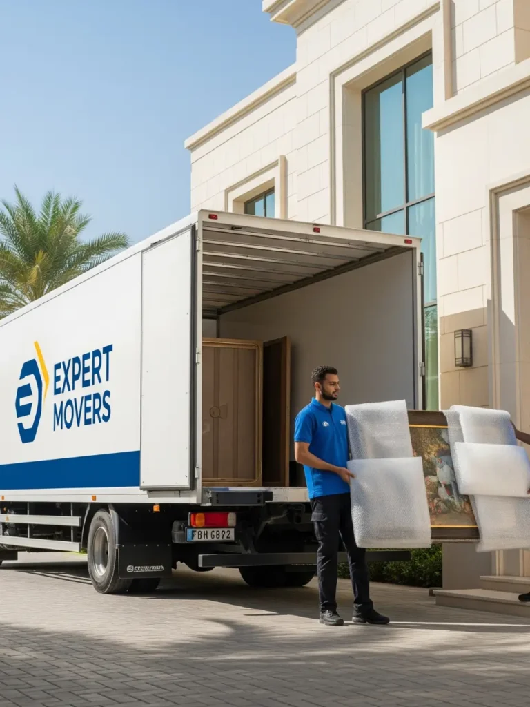 Expert Movers and Packers team professionally handling a valuable painting during a villa move in Abu Dhabi