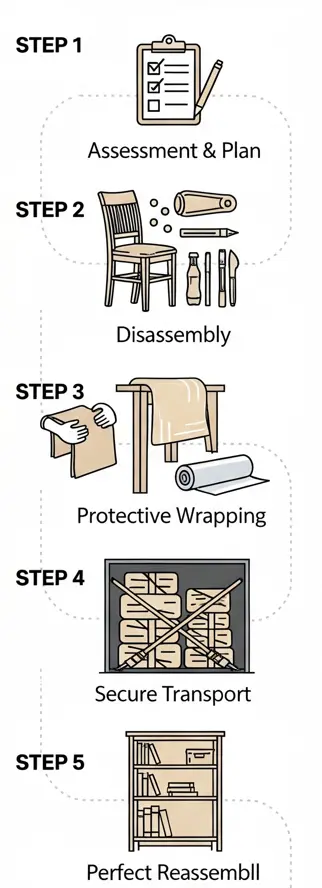 An infographic showing the 5-step process used by expert furniture movers in Abu Dhabi, from assessment to reassembly.