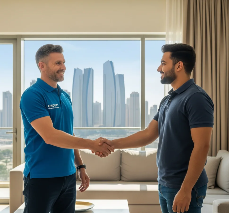 A supervisor from Expert Movers and Packers shaking hands with a happy client in her new Abu Dhabi apartment after a successful relocation.