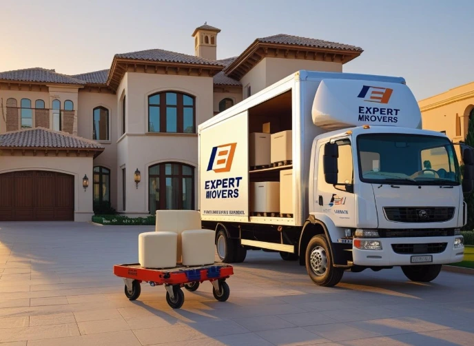 An Expert Movers and Packers truck parked in front of a luxury Abu Dhabi villa, ready for a professional relocation.