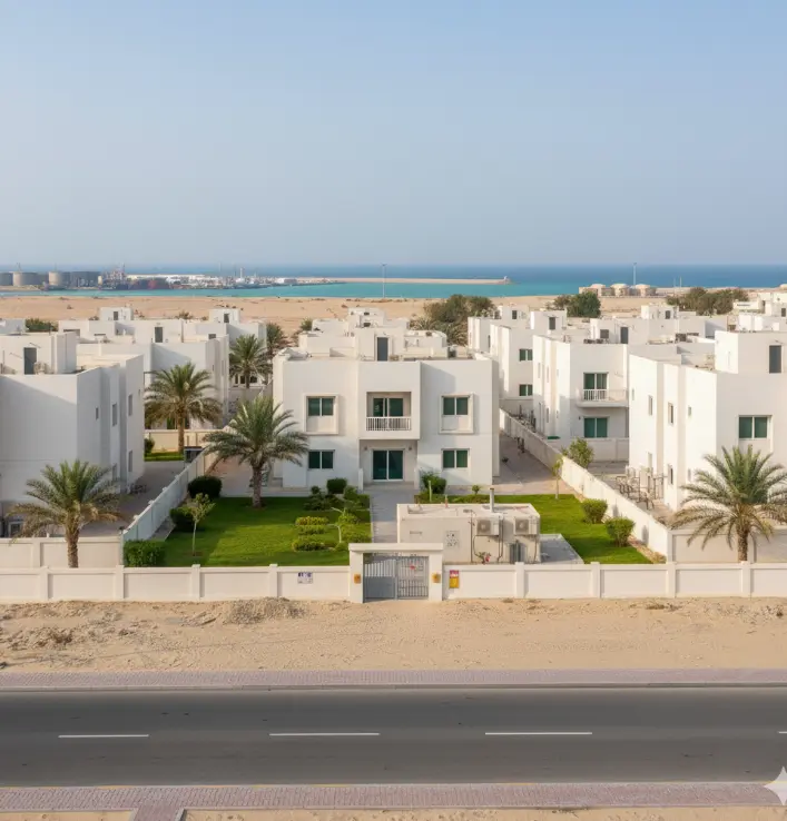 Aerial view of residential homes in Al Ruwais with the sea in the background - Expert Movers and Packers in Al Ruwais