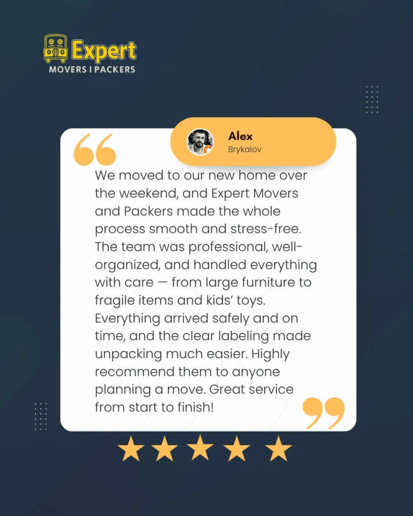 5-Star Google Review by Alex Brykalov for Expert Movers and Packers Abu Dhabi after a smooth move from Al Mushrif to Al Reem Island.