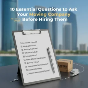 Clipboard with a checklist of 10 essential questions for a moving company in Abu Dhabi, set against a blurred cityscape, with a moving truck and boxes.
