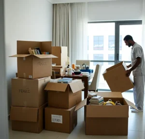 Professional movers packing and carrying boxes during a home move in an Abu Dhabi apartment.
