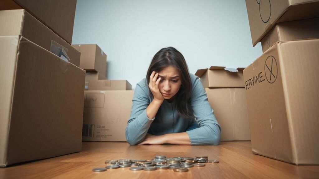 Woman looking stressed surrounded by moving boxes with coins in front of her.