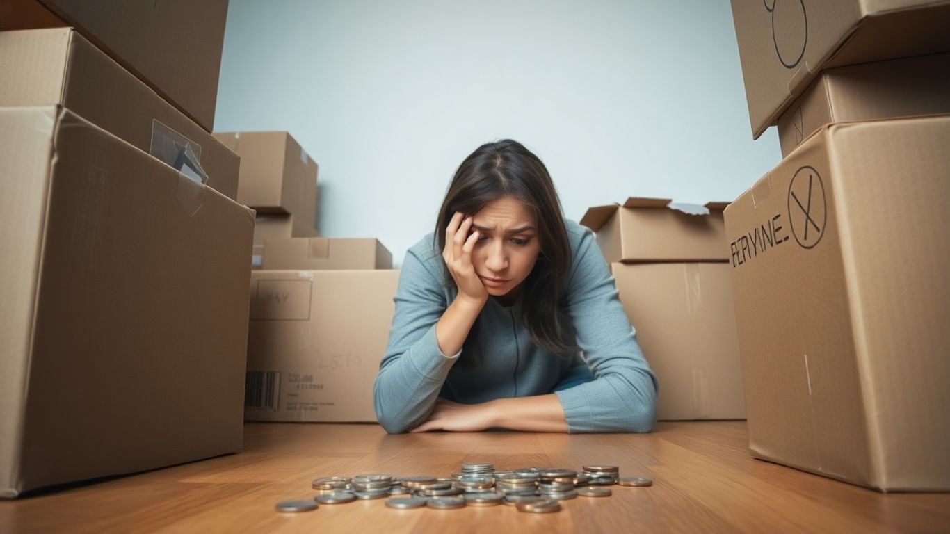 Woman looking stressed surrounded by moving boxes with coins in front of her.