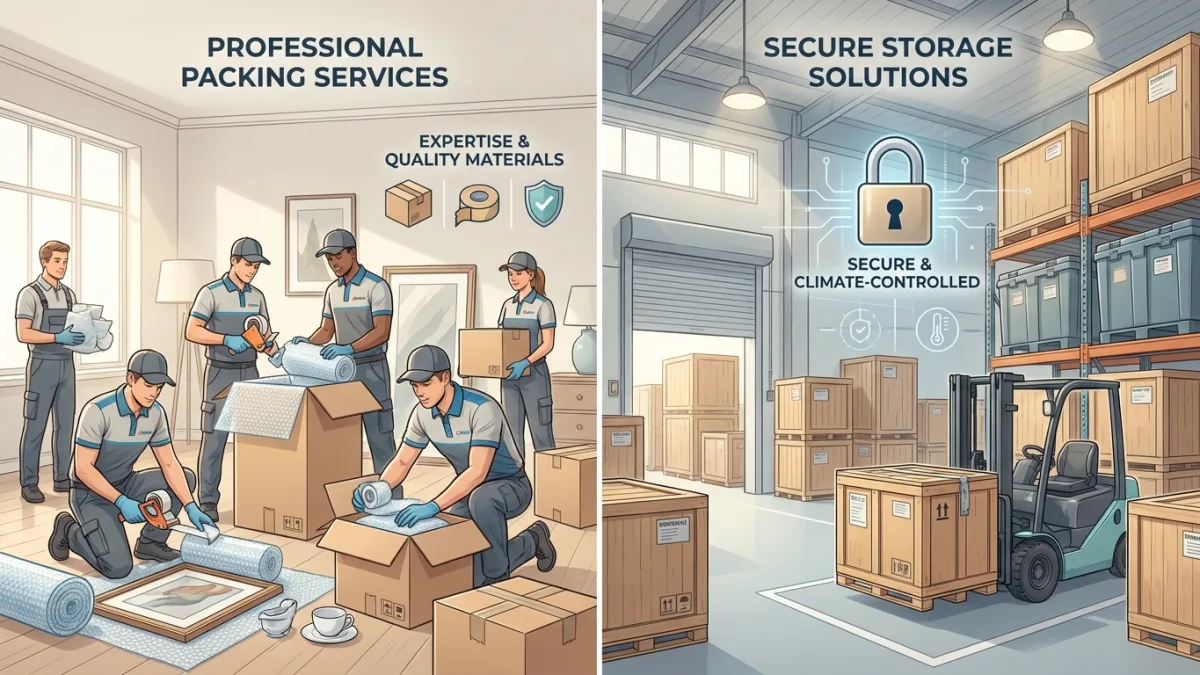 Professional movers carefully wrapping fragile items using high-quality packing materials for safe transport.