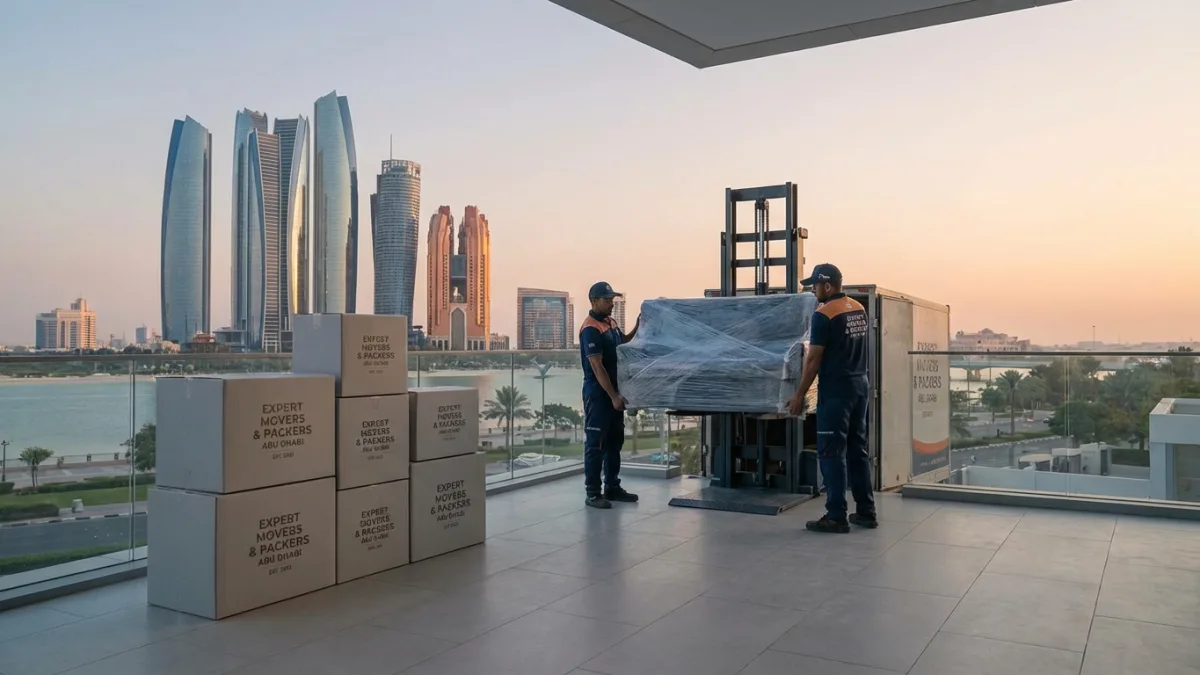 Professional moving team from Expert Movers and Packers Abu Dhabi packing boxes carefully.